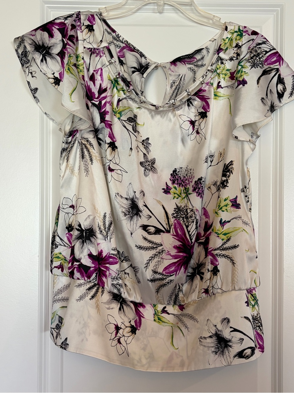 White House Black Market Cream Floral Blouse with Purple & Black Accents
